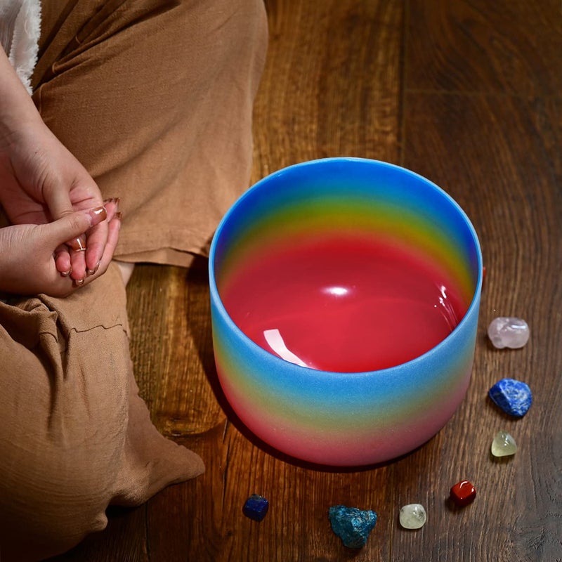 CVNC 440HZ 8 Inch Rainbow Colored G Note Throat Chakra Frosted Quartz Crystal Singing Bowl for Sound Healing and Meditation - Image 3